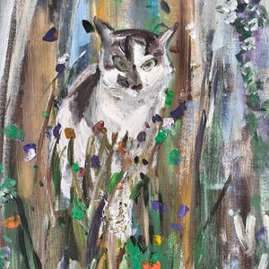 Pintura "Viani 17" Acrílico sobre Fibra: Escena Natural con Gato y Marco Plateado - imagen 5
