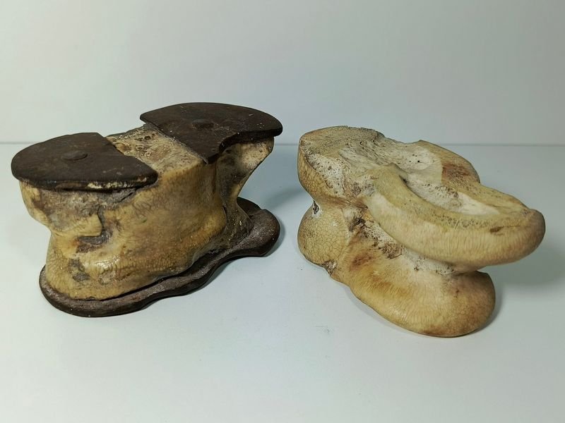 Lote siguiente: Par de tabas antiguas en hueso con apliques de hierro forjado