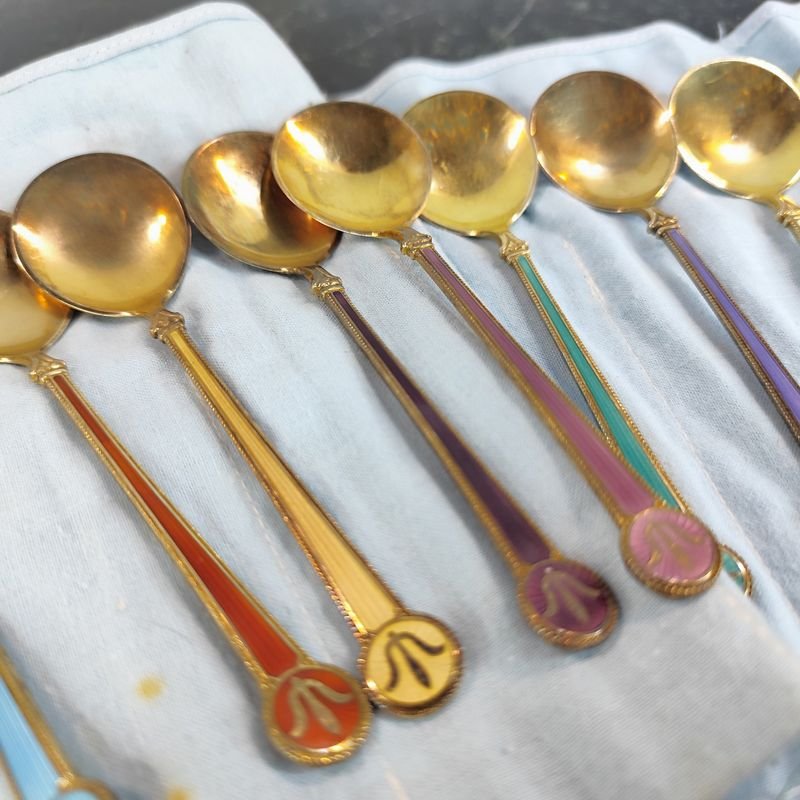 12 majestuosas cucharas de mermelada en plata noruega esmaltados - imagen 5