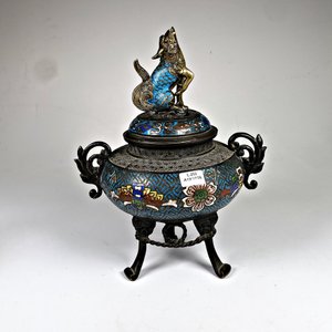 Incensario Bronce Cloisonné con Tapa de Animal Mitológico y Patas - imagen 2