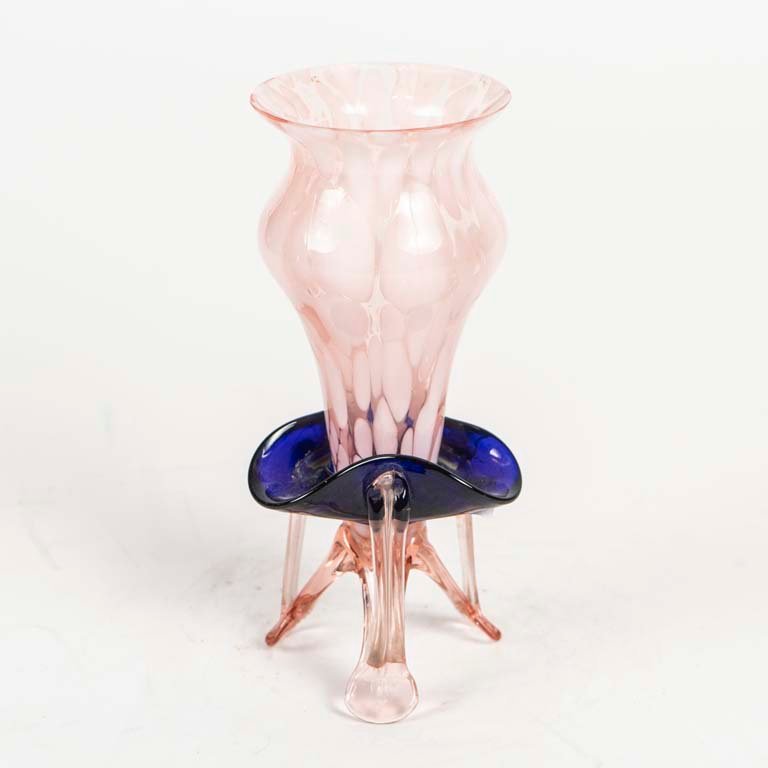 Florero de Cristal Murano Rosa con Base Azul