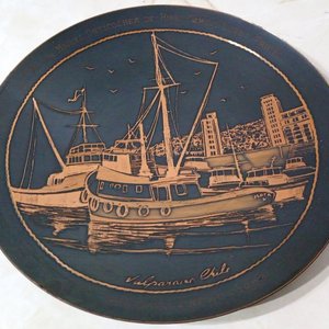 Plato Decorativo Vintage Cobre Repujado Valparaíso Chile - imagen 3