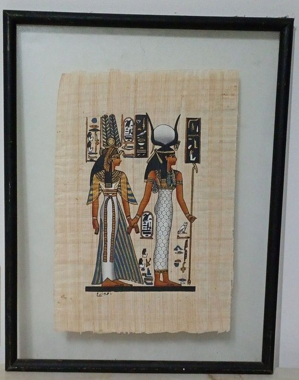 Papiro Egipcio Antiguo con Figuras y Jeroglíficos, Enmarcado