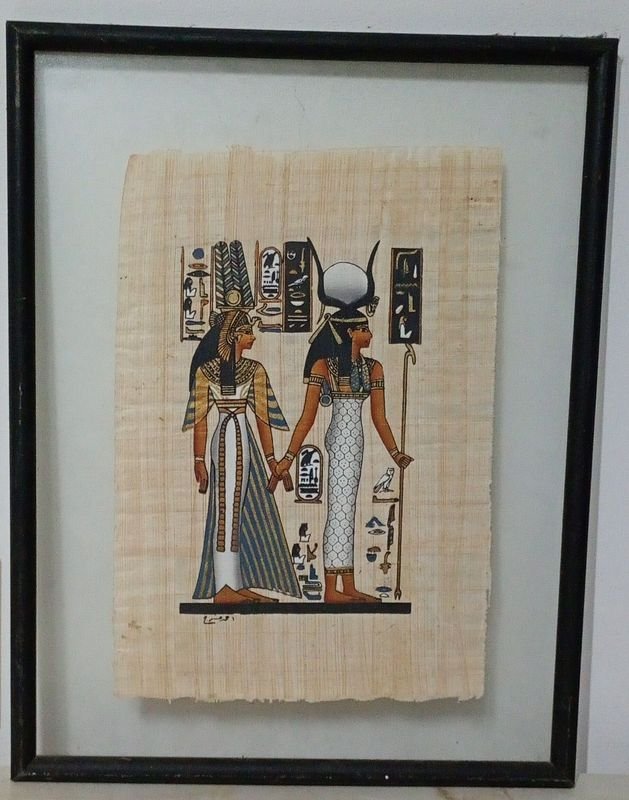 Papiro Egipcio Antiguo con Figuras y Jeroglíficos, Enmarcado