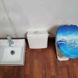 Juego de Baño Completo: Inodoro con Tapa Decorada, Cisterna y Bacha de Loza con Canilla - imagen 2