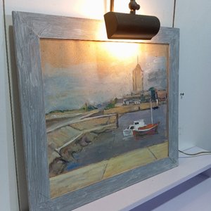 Cuadro Óleo Paisaje Marítimo con Barcos y Marco Gris con Iluminación - imagen 3