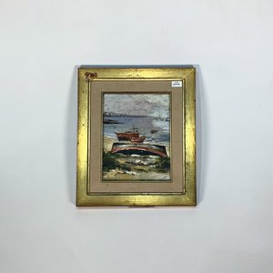 Cuadro al óleo: Playa con barca de pescadores, 23 x 17 cm - imagen 1