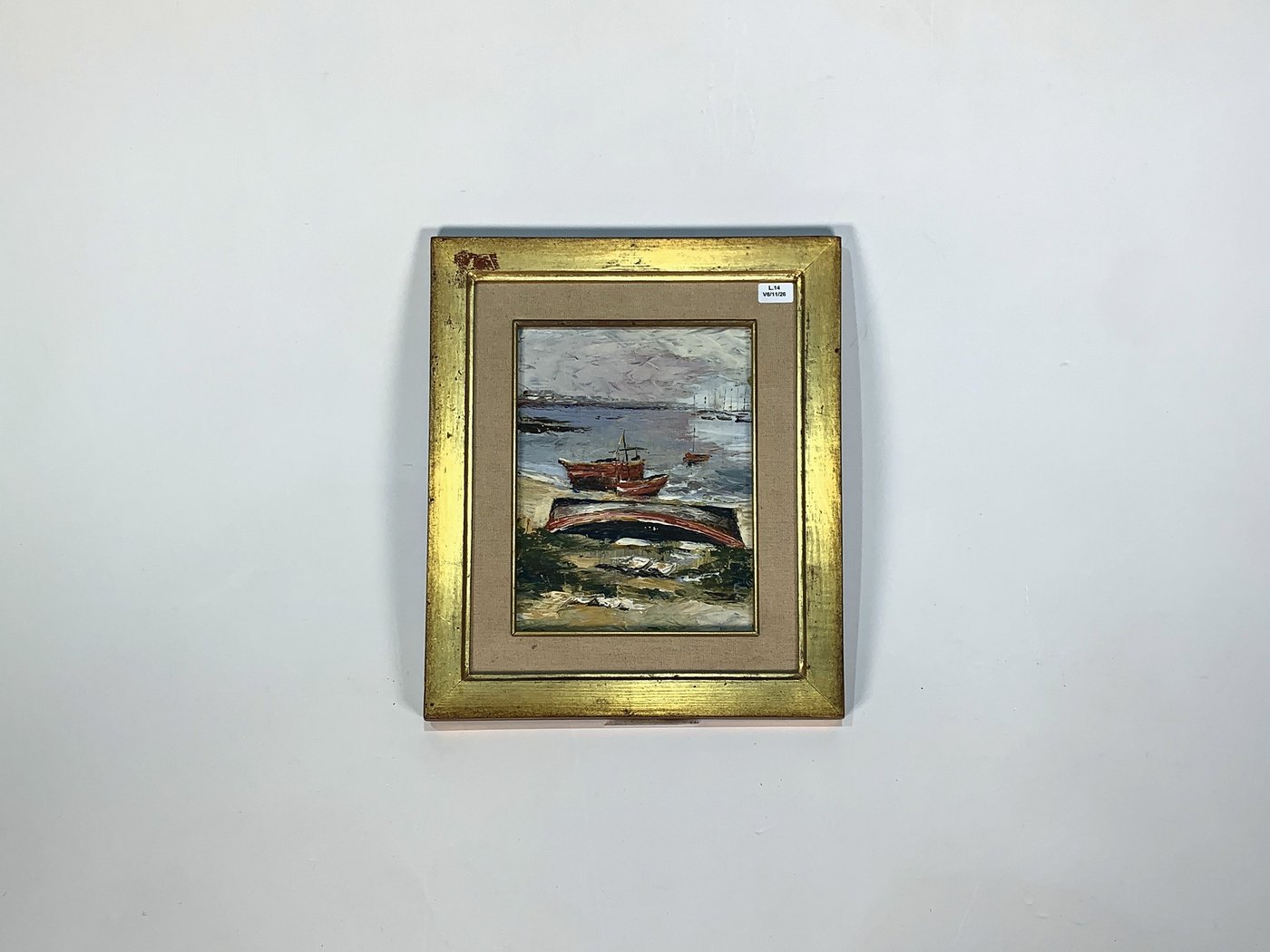 Cuadro al óleo: Playa con barca de pescadores, 23 x 17 cm