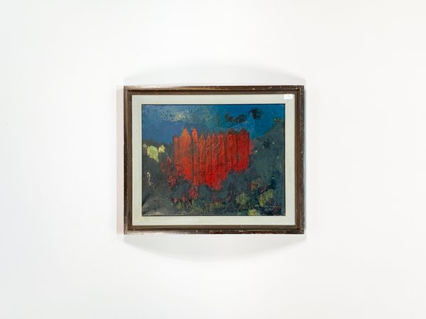 Pintura óleo sobre tela, paisaje arbolado y empalizada, firmada en 1968 - imagen 1