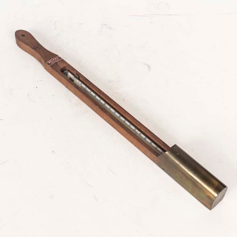 Termómetro Italiano Antiguo de Madera, Bronce y Vidrio - 48 cm