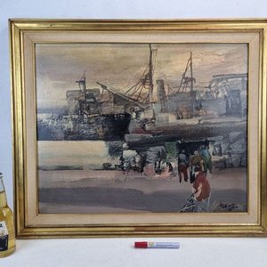 Pintura "Puerto con Grúas" de Hugo Nantes, Acrílico sobre Cartón, 82x68cm - imagen 2