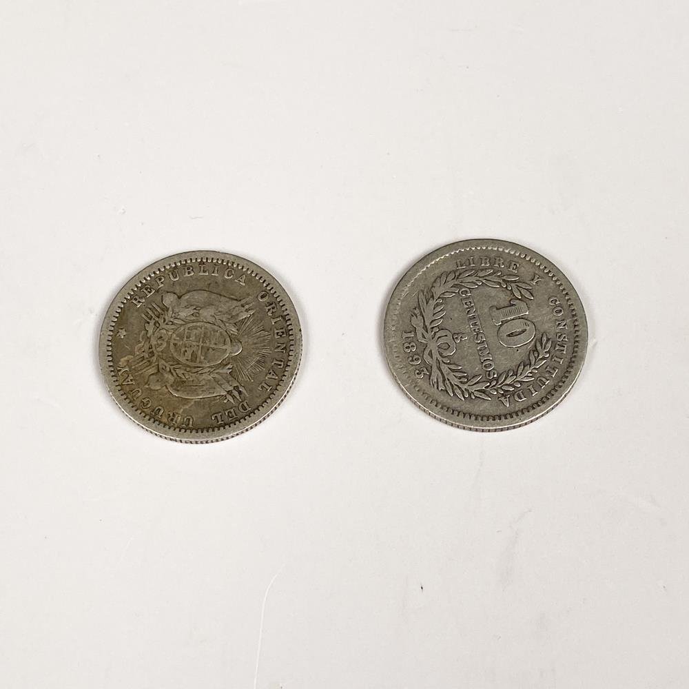 Dos Monedas de Plata Uruguayas de 10 Centésimos (1877 y 1893)