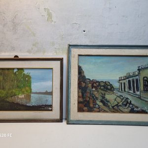 Lote anterior: Dos Cuadros al Óleo: Paisaje Natural y Paisaje Urbano-Costero, Firmados y Enmarcados