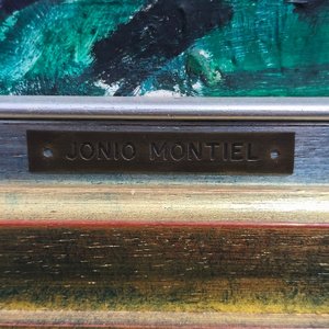 Óleo sobre lienzo "Escena de Puerto" de Jonio Montiel, con marco dorado - imagen 4