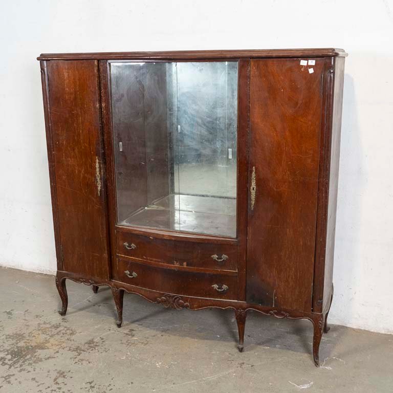 Cristalero Francés Antiguo con Puertas Vidriadas y Cajones