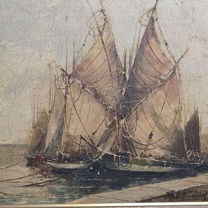 Antiguo Óleo de Barcos Marineros Firmado por Marcel Kalefstein - imagen 3