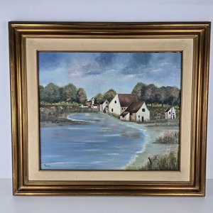 Óleo firmado "Paredes" - Paisaje rural con casas y río - imagen 2