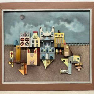 Obra de Andrés Cortina "Composición de Ciudad con Luna" - Madera y Técnica Mixta - imagen 2