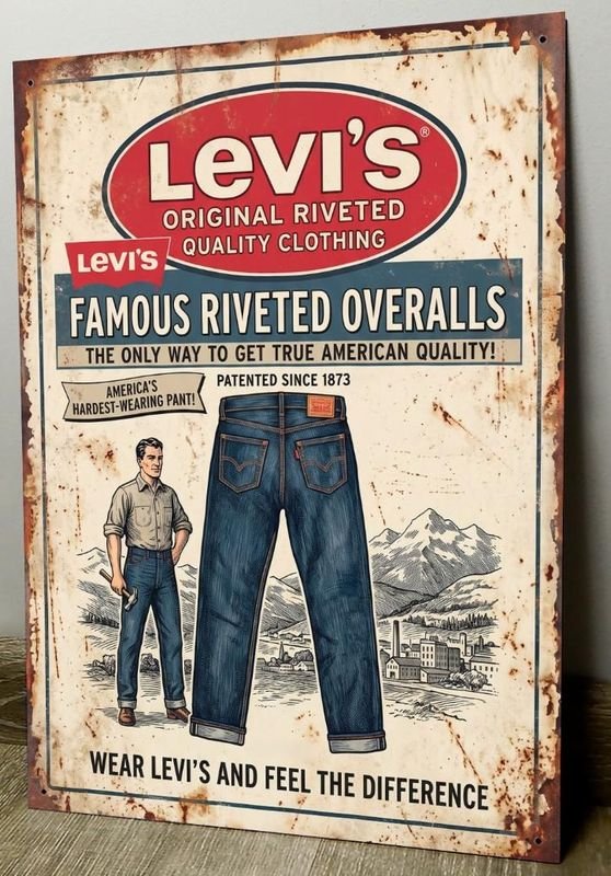 Cartel Metálico Decorativo Levi's Original Riveted Overalls 28x19 cm