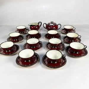 Juego de Café Porcelana Rosenthal "Winifred" Bordo con Guarda Plateada - imagen 1