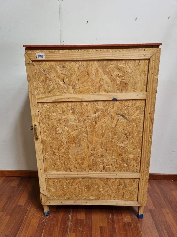 Mueble de Madera Clara con Puerta y Estantes, Tapa Rojiza