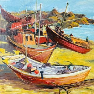 Cuadro al Óleo "Pescadores" Firmado Marta Silvia con Marco Dorado - imagen 6