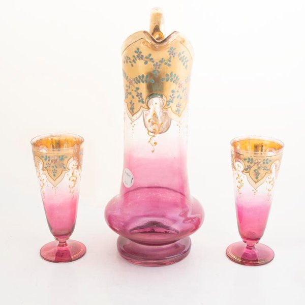 Jarra y 2 Vasos de Cristal Veneciano Esmaltado con Flores Rosas y Doradas