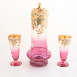 Lote siguiente: Jarra y 2 Vasos de Cristal Veneciano Esmaltado con Flores Rosas y Doradas