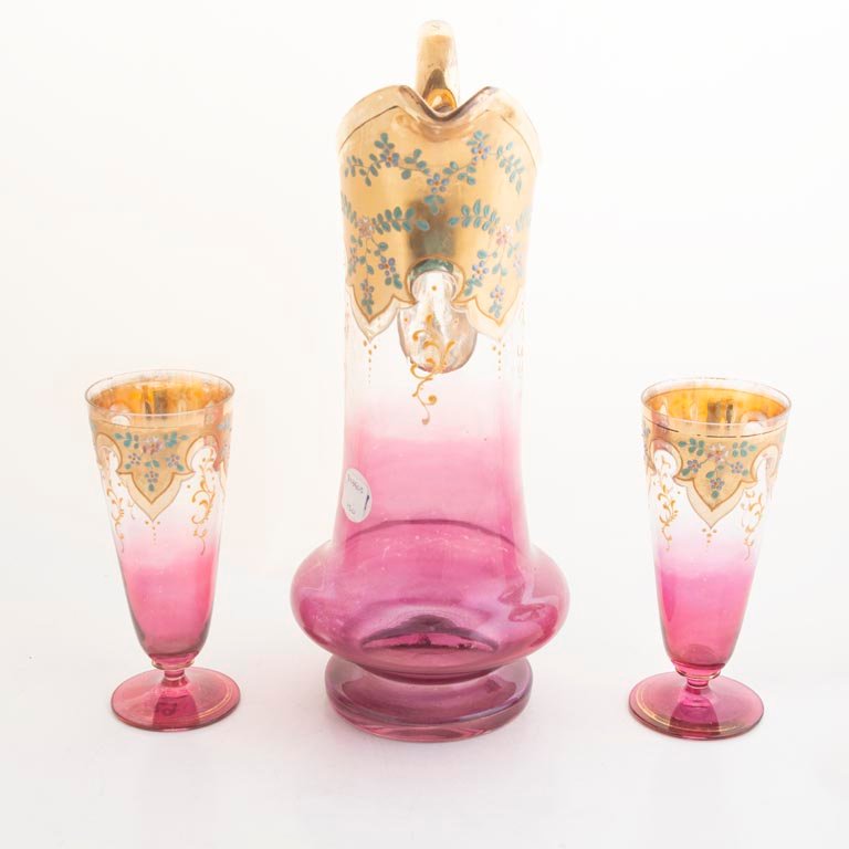 Jarra y 2 Vasos de Cristal Veneciano Esmaltado con Flores Rosas y Doradas