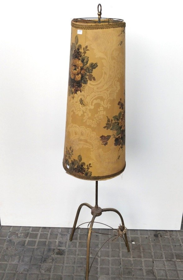 Antigua Lámpara de Pie Mid Century Bronce y Pantalla Floral