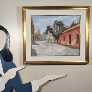 Óleo sobre lienzo firmado H. West: Escena de calle con fachadas y marco dorado - imagen 7