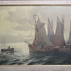 Antiguo Óleo de Barcos de Pesca en el Mar, Firmado - imagen 2