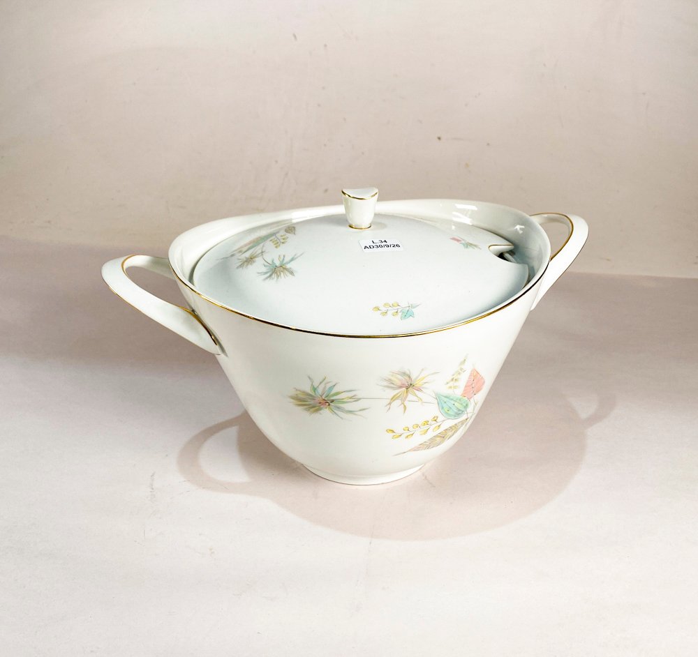 Guisera Bavaria Schumann Arzberg con Tapa, Decoración Hojas y Filo Dorado