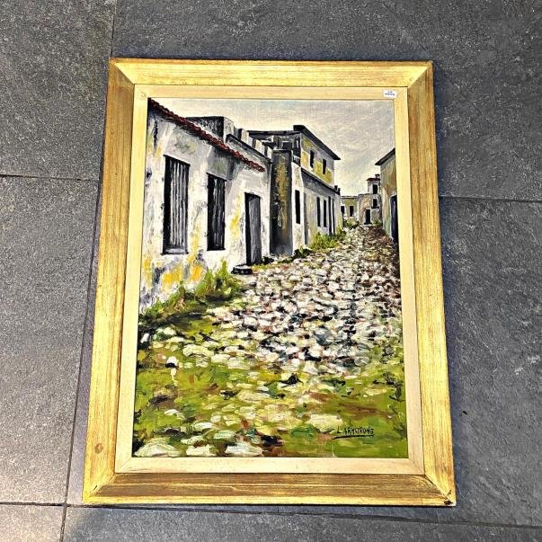 Cuadro al Óleo "Calle Empedrada" Firmado L. Armstrong - 69 x 48 cm