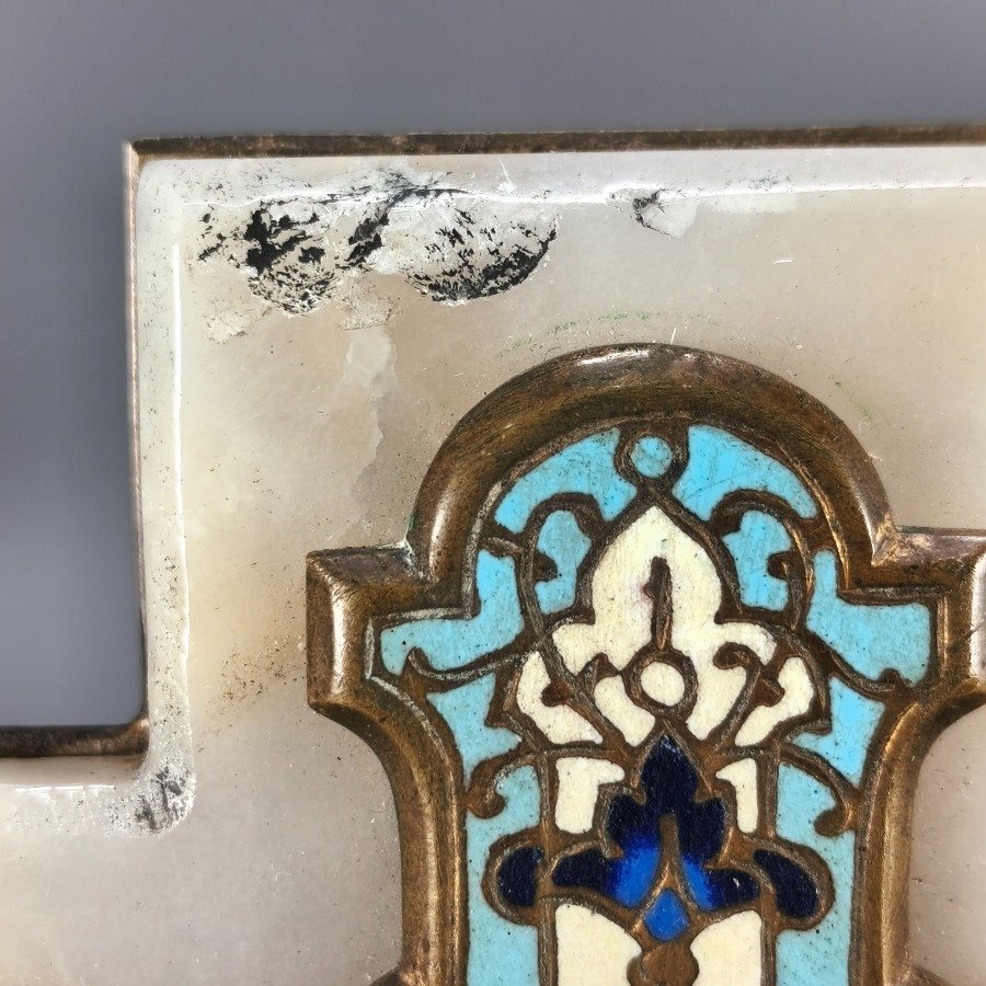 Crucifijo francés en bronce y esmalte sobre placa de mármol - imagen 6