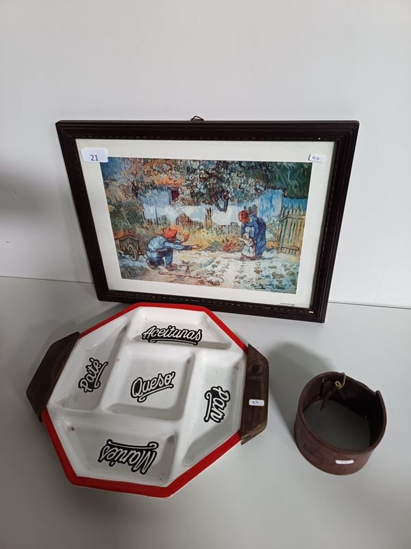 Cuadro estilo Van Gogh, copetinero de loza y posa mate de cuero