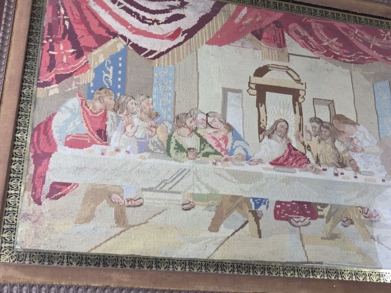 Antiguo telar con la Última Cena en marco de pinotéa - imagen 6
