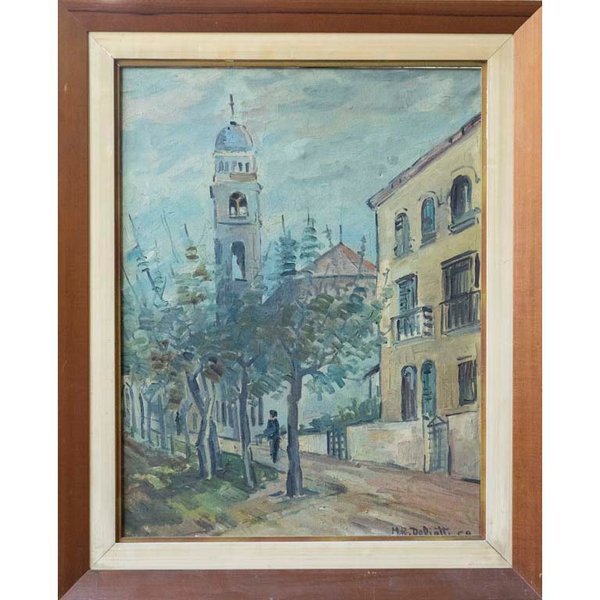 Pintura de M. R. Deliotti "Pueblo", óleo sobre lienzo