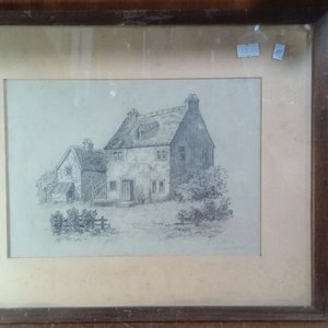 Lote siguiente: dibujo detallado a lápiz que representa una arquitectura rural clásica - 39x31