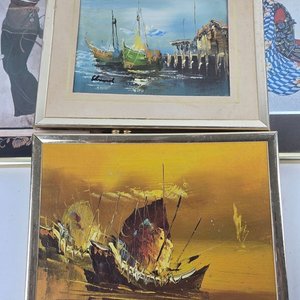 Lote de 6 Cuadros Decorativos: Arte Oriental y Paisajes Marinos con Marcos Dorados - imagen 6