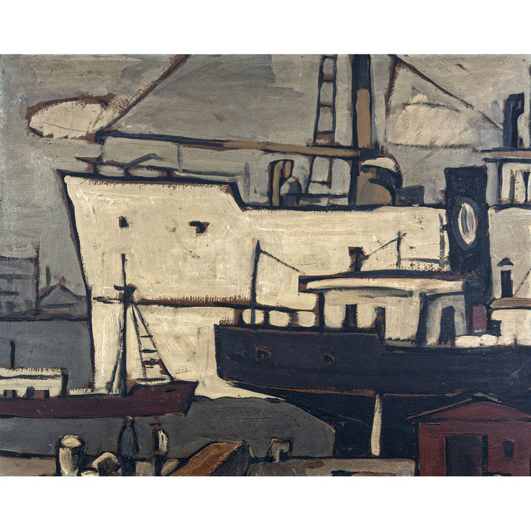 Lote anterior: Pintura de puerto. Óleo sobre cartón, 38 x 48 cm.