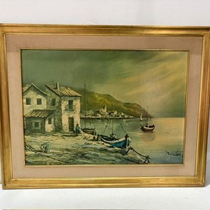 Lote siguiente: Cuadro al óleo de paisaje costero con barcos y casas