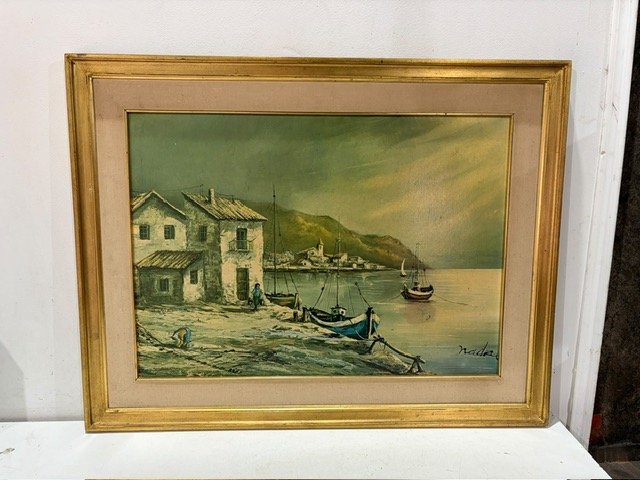 Cuadro al óleo de paisaje costero con barcos y casas
