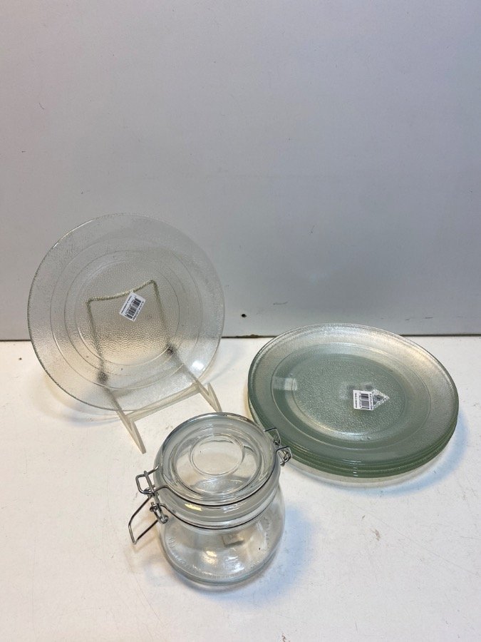 6 Platos Llanos y 1 Bollón de Vidrio Transparente