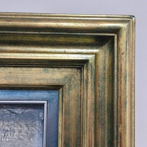 Óleo sobre lienzo "Escena de Puerto" de Jonio Montiel, con marco dorado - imagen 7
