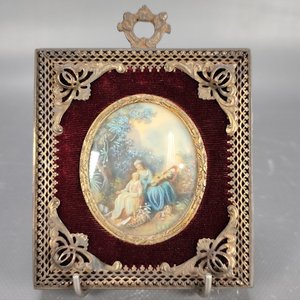 Miniatura Pintada a Mano Escena Costumbrista Firmada en Marco de Bronce - imagen 2