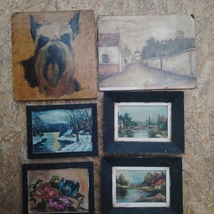 Lote de 5 Cuadros: Retrato de Perro, Paisajes y Flores - imagen 2