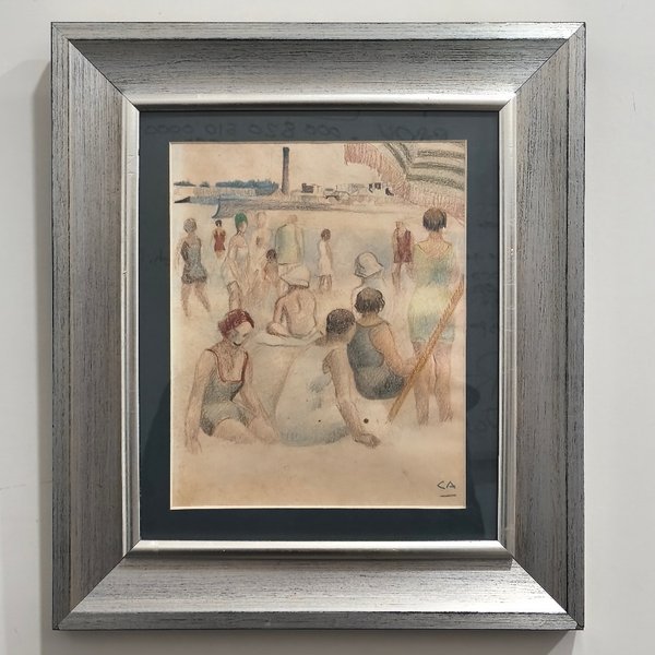 Dibujo a Lápiz Carmelo Arzadun - Escena de Playa con Marco Dorado