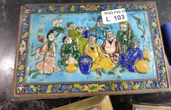 Alhajero en bronce o esmalte cloisonné con bandejita y estuche para caja de fósforos - imagen 5