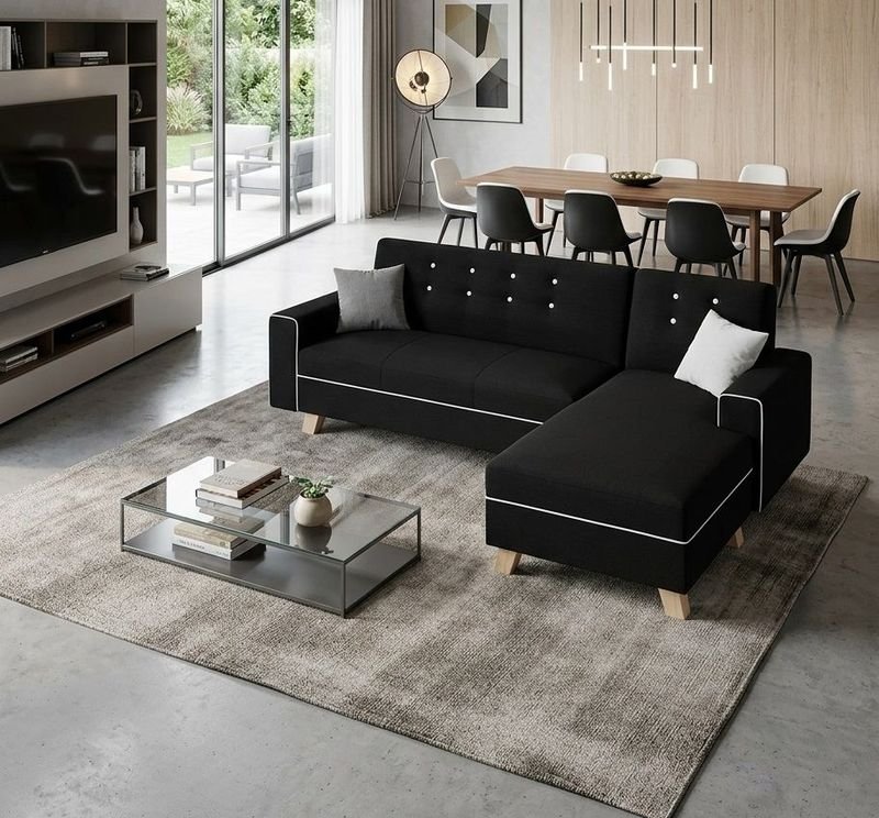 Sofá Chaise Longue Negro con Ribetes Blancos